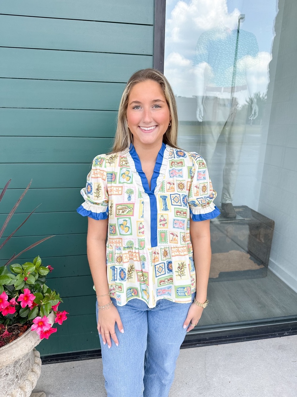 SIMPLY SOUTHERN | SUNNY SIDE STYLE MEDITERRANEAN TILE PRINT PEPLUM TOP